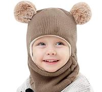 Qersh Baby Wintermütze Schal Schlupfmütze Warm Niedlich Bär Wintermütze Schalmütze Strickmütze mit Bommel Fleecefutter Beanie Mütze für 2-7 Jahre alt Baby (Kaffee, 2-7 Jahre alt)