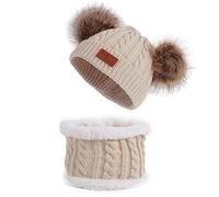 Qersh Baby Wintermütze Schal Schlupfmütze Warm Niedlich BärWintermütze Schalmütze Strickmütze mit Bommel Fleecefutter BeanieMütze Baby (S07, 2-7 Jahre alt)