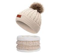 Qersh Baby Wintermütze Schal Schlupfmütze Warm Niedlich BärWintermütze Schalmütze Strickmütze mit Bommel Fleecefutter BeanieMütze Baby (S01, 2-7 Jahre alt)