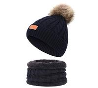 Qersh Baby Wintermütze Schal Schlupfmütze Warm Niedlich BärWintermütze Schalmütze Strickmütze mit Bommel Fleecefutter BeanieMütze Baby (S02, 2-7 Jahre alt)