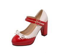 Qgtxf Frauen Rockabilly Pumpe Mary Janes mit Bow Retro Runde Zehe Schuh mit Knöchelgurt Oxford Plattform Schuhe(Red,40 EU)