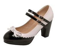 Qgtxf Frauen Rockabilly Pumpe Mary Janes mit Bow Retro Runde Zehe Schuh mit Knöchelgurt Oxford Plattform Schuhe(Black,38 EU)