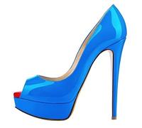 QIANKUN Sexy High Heels für Damen, offene Zehenpartie, Plateau, super hohe Lackleder, hohe Absätze, Rot, Hochzeit, Stilettos, Himmelblau, Größe 39