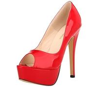 QIANKUN Sexy offene Zehenpartie Plateau Damen High Heels Super High Peels Lackleder High Heels Schuhe Rot Hochzeit Stilettos-Rot, 41
