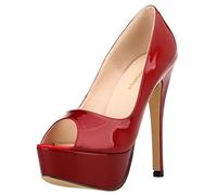 QIANKUN Sexy offene Zehenpartie Plateau Damen High Heels Super High Peels Lackleder High Heels Schuhe Rot Hochzeit Stilettos-Weinrot, 39