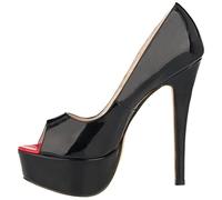 QIANKUN Sexy Plateau-Schuhe mit offener Zehenpartie für Damen, Super High Patentleder-Absätze, Rote Hochzeits-Stilettos - Schwarz, 35