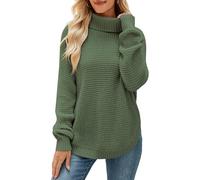 QIANSIQIANBO Pullover Damen Rollkragenpullover Winter Rippstrickpullover Locker Sitzender Lässiger Langarm Pullover Mit Schlitz Niedlicher Pullover (M) Grün