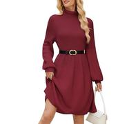 QIANSIQIANBO Strickkleid Damen Rollkragenpulloverkleid Mini Puffärmel Oversized Halblanges Pulloverkleid Herbstoutfits (XL) Burgunderrot