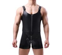 QiaTi Herren Einteiler Jumpsuit Kunstleder Jumpsuit Reißverschluss Jumpsuit Sport ärmelloser Jumpsuit