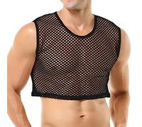 QiaTi Herren Fischnetz-Shirts Mesh Crop Tank Tops Durchsichtige Rundhalsausschnitt ärmellos Sexy Muscle Tee