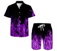 QiErDesign Hawaii-Hemden für Herren, lässig, Button-Down-Kurzarm-Shirts, Set, bedruckte Shorts, Strand, Hawaii-Anzüge, Feuerviolett, XXX-Large