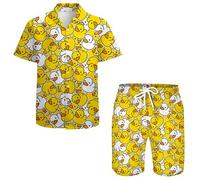 QiErDesign Hawaii-Hemden für Herren, lässig, Button-Down-Kurzarm-Shirts, Set, bedruckte Shorts, Strand, Hawaii-Anzüge, Enten-Cartoon, X-Large