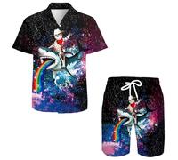 QiErDesign Hawaii-Hemden für Herren, lässig, Button-Down-Kurzarm-Shirts, Set, bedruckte Shorts, Strand, Hawaii-Anzüge, Katze Reithai, Small