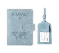 Qiimenguer Reisepasshülle，Passport hülle，Reisepass hülle und Gepäckanhänger aus PU-Leder, Reisepasshalter mit RFID-Klappe für Reisepass, ID-Karten und Reisedokumente (Hellblau)