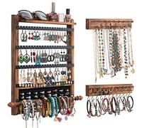 QILICHZ Schmuck-Organizer und Aufbewahrung, Holz-Schmuck-Organizer, rustikaler Wand-Schmuck-Organizer, Wandmontage, Ohrringhalter, Organizer für Aufbewahrung, Geschenk, Braun + Schwarz, 3 Stück