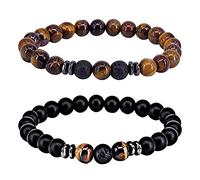 QincLing 2Stück Heilende Chakra Perlenarmband Schutz Obsidian Bracelet Lavastein Armband Onyx Natursteinperlen Tigerauge Stein Kugelarmband Schwarz Vulkanstein perlen 8mm für Glück Wohlstand