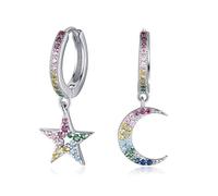 Qings 925 Silber Creolen Damen Asymmetrische Ohrringe Creolen mit Anhänger Mond und Stern Bunte Zirkonia Ohrringe Silber Hoop Dangle Earrings for Frauen und Mädchen