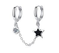 Qings Doppelt Durchbohrte Stern Ohrringe Creolen - Black Star Punk Rock Ohrringe aus 925 Sterling Silber Doppelte Piercing Ketten Anhänger Zirkon Schmuck Geschenke für Damen Mädchen