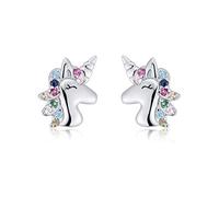 Qings Einhorn Ohrstecker 925 Sterling Silber - Kleine Bunte Zirkonia Ohrringe für Kinder und Teenager Mädchen - Tier Design