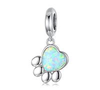 Qings Haustier Pfotenabdruck Charm süße Fußabdruck Perle herzförmiger Opal Anhänger 925er Sterling Silber platiniert für Armband Halskette Geschenk für Frauen Mädchen