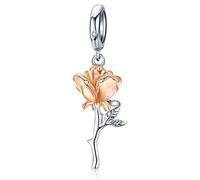 Qings Rose Anhänger Charm Sterling Silber - Rose Vergoldet Blume Charm für Armbänder Halskette, Schmuck Geschenke für Mädchen Frauen