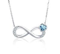 Qings Unendlichkeit Halskette mit Herz Aquamarin Geburtsstein März 925 Sterling Silber Infinity Zirkonia Anhänger Ketten Geburtstag Valentinstag Weihnachten Muttertag Schmuck Geschenke für Dame