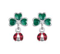 Qings Vierblättrige Kleeblatt Ohrringe für Damen Sterling Silber 925 Glücksklee Grüne Blumen Ohrstecker mit Marienkäfer St. Patrick's Day Geschenke für Frauen und Mädchen