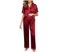 QinMMSPORTS Damen Schlafanzug Satin Pyjama Set Langarm Warm Lounge Sets Zweiteiliger Hausanzug Satin Sleepwear Leiste Sleepshirt und Pyjamahose