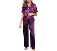 QinMMSPORTS Damen Schlafanzug Satin Pyjama Set Langarm Warm Lounge Sets Zweiteiliger Hausanzug Satin Sleepwear Leiste Sleepshirt und Pyjamahose (Violett, M)