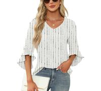 Qirno Chiffon-Blusen für Damen, Rüschen, 3/4-Ärmel, elegant, V-Ausschnitt, lässig, fließend, Tunika-Oberteil, Weiße Streifen, Groß