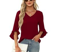 Qirno Chiffon-Blusen für Damen, Rüschen, 3/4-Ärmel, elegant, V-Ausschnitt, lässig, fließend, Tunika-Oberteil, Weinrot, X-Groß