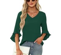 Qirno Chiffon-Blusen für Damen, Rüschen, 3/4-Ärmel, elegant, V-Ausschnitt, lässig, fließend, Tunika-Oberteil, Dunkelgrün, Mittel