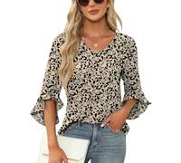 Qirno Chiffon-Blusen für Damen, Rüschen, 3/4-Ärmel, elegant, V-Ausschnitt, lässig, fließend, Tunika-Oberteil, Aprikosenblüten, Klein