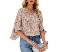Qirno Chiffon-Blusen für Damen, Rüschen, 3/4-Ärmel, elegant, V-Ausschnitt, lässig, fließend, Tunika-Oberteil, pink floral, Mittel