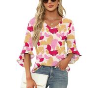Qirno Chiffon-Blusen für Damen, Rüschen, 3/4-Ärmel, elegant, V-Ausschnitt, lässig, fließend, Tunika-Oberteil, Ginkgo-Print, Mittel