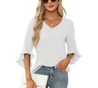 Qirno Chiffon-Blusen für Damen, Rüschen, 3/4-Ärmel, elegant, V-Ausschnitt, lässig, fließend, Tunika-Oberteil, Weiss/opulenter Garten, Klein