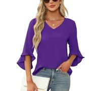 Qirno Chiffon-Blusen für Damen, Rüschen, 3/4-Ärmel, elegant, V-Ausschnitt, lässig, fließend, Tunika-Oberteil, Violett, Groß