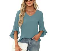 Qirno Chiffon-Blusen für Damen, Rüschen, 3/4-Ärmel, elegant, V-Ausschnitt, lässig, fließend, Tunika-Oberteil, Grau, Blau, X-Groß
