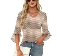 Qirno Chiffon-Blusen für Damen, Rüschen, 3/4-Ärmel, elegant, V-Ausschnitt, lässig, fließend, Tunika-Oberteil, Braun Ripple, X-Groß
