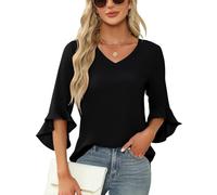 Qirno Chiffon-Blusen für Damen, Rüschen, 3/4-Ärmel, elegant, V-Ausschnitt, lässig, fließend, Tunika-Oberteil, Schwarz, Groß