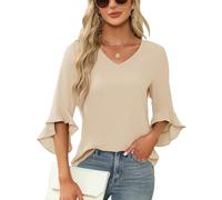 Qirno Chiffon-Blusen für Damen, Rüschen, 3/4-Ärmel, elegant, V-Ausschnitt, lässig, fließend, Tunika-Oberteil