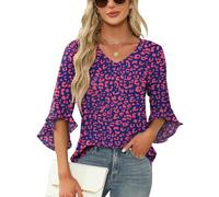 Qirno Chiffon-Blusen für Damen, Rüschen, 3/4-Ärmel, elegant, V-Ausschnitt, lässig, fließend, Tunika-Oberteil, Blau/Rosa Blumenmuster, Groß