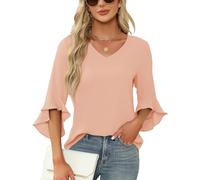 Qirno Chiffon-Blusen für Damen, Rüschen, 3/4-Ärmel, elegant, V-Ausschnitt, lässig, fließend, Tunika-Oberteil, Orange Powder, Mittel