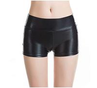 QIUhhpuy Damen Sexy Leder Shorts Glanz Taille PU Lederoptik Kurze Hose Lederimitat Kunstlederhose Metallic Hotpants Glänzende Shorts mit Hoher Taille Tanz Disco Kostüm Fasching Karneval (SchwarzA, M)