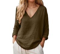 QIUhhpuy Musselin Bluse Damen Sommer Leicht Leinenbluse Elegant V-Ausschnitt Tshirt Lässig Baumwolle Leinen Langarmshirt Bequem Einfarbig Oberteile Casual Lose Tunika Tops Oversized Longshirt
