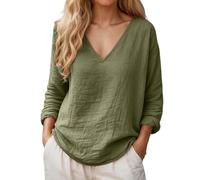 QIUhhpuy Musselin Bluse Damen Sommer Leicht Leinenbluse Elegant V-Ausschnitt Tshirt Lässig Baumwolle Leinen Langarmshirt Bequem Einfarbig Oberteile Casual Lose Tunika Tops Oversized Longshirt