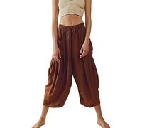 QIUNI Baggy-Hose mit Kordelzug für Damen, Hose mit weitem Bein, lässige Hose mit elastischer Taille, Damenhose mit hoher Taille, Kordelzug, Capri-Hose mit Taschen, weites Bein (5XL,Braun)