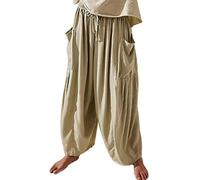 QIUNI Baggy-Hose mit Kordelzug für Damen, Hose mit weitem Bein, lässige Hose mit elastischer Taille, Damenhose mit hoher Taille, Kordelzug, Capri-Hose mit Taschen, weites Bein (XL,Khaki)