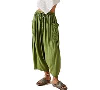 QIUNI Baggy-Hose mit Kordelzug für Damen, Hose mit weitem Bein, lässige Hose mit elastischer Taille, Damenhose mit hoher Taille, Kordelzug, Capri-Hose mit Taschen, weites Bein (3XL,Grün)