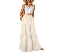 QIXING Damen Maxirock Sommer Boho Blumen Muster Hohe Taille Elastischer Bund Langer Fließender Rock mit Taschen Stufenrock Elegant Luftig(C Aprikose, 2XL)